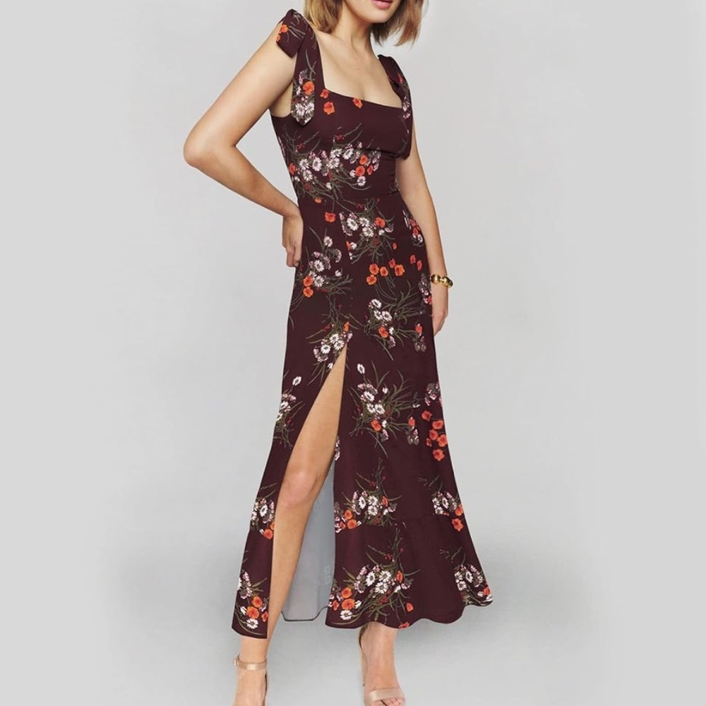 Cupshe Quadrate Neck Dress, Side Split Floral Print dress deep burgundy Sz XS